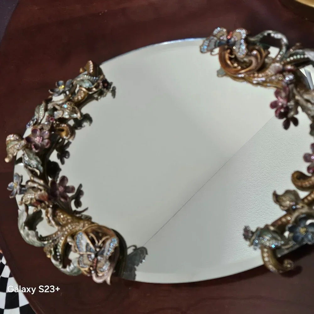 RARE JAY STRONGWATER FLORA & FAUNA CRYSTAL ENAMEL MIRROR VANITY BATH TRAY OBJET